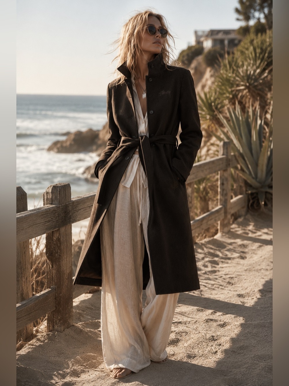 Stüssy Women’s Wool Blend Long Coat Brown High Collar Belted Size Large - Picture 4 of 15